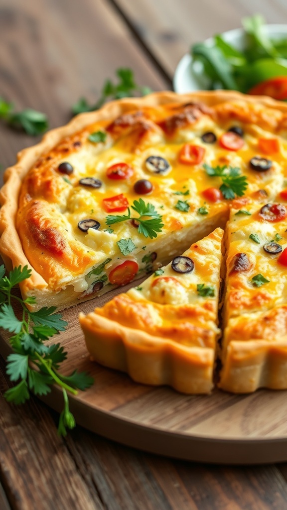 Quiche with Potato Crust Recipe A slice of quiche with potato crust, filled with eggs and vegetables, on a wooden table with herbs and salad.